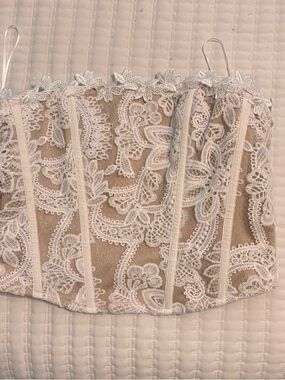 White Lace Appliqué Bustier Crop Top with Nude Lining